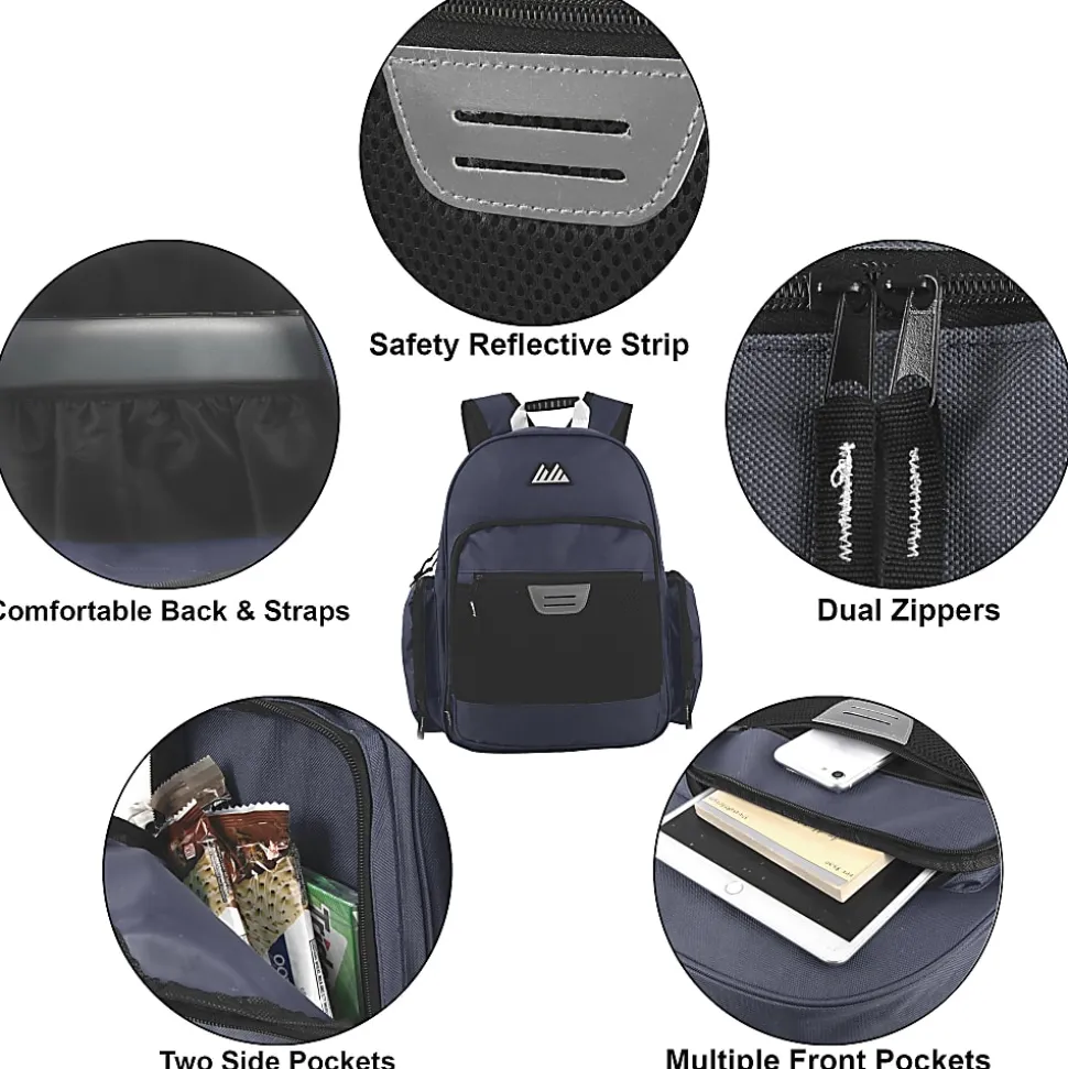 Summit Ridge Multi-Pocket Reflective Collegiate Backpacks With 45-Piece School Supply Kits, Black/Blue, Total Qty 24