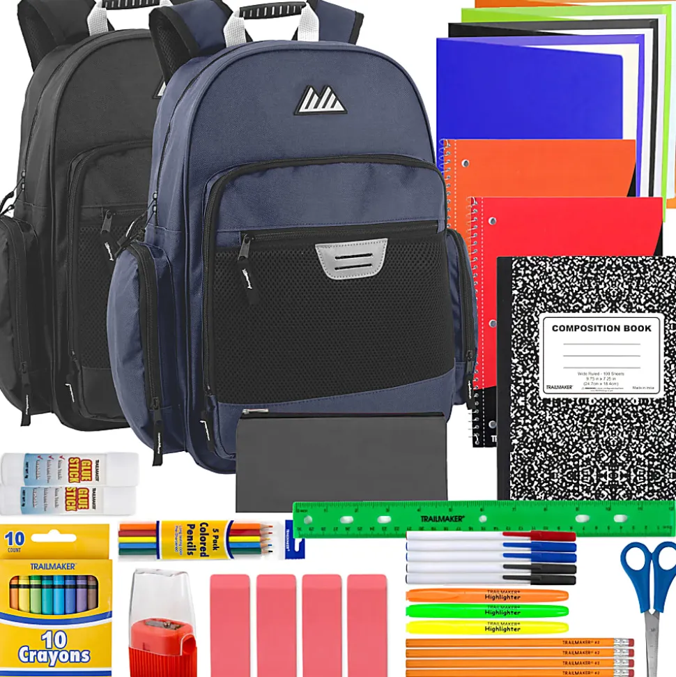 Summit Ridge Multi-Pocket Reflective Collegiate Backpacks With 45-Piece School Supply Kits, Black/Blue, Total Qty 24