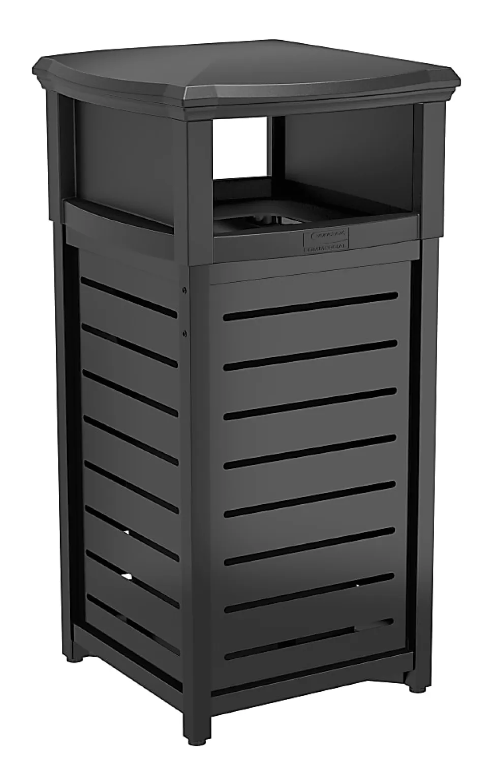 Suncast Commercial Square Metal Trash Can With 2-Way Lid, 30 Gallon, Black