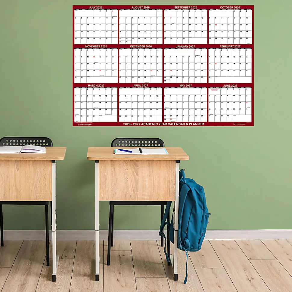2026-2027 SwiftGlimpse Academic Monthly Wall Calendar, 72” x 48", Maroon/White, July To June, Total Qty 1