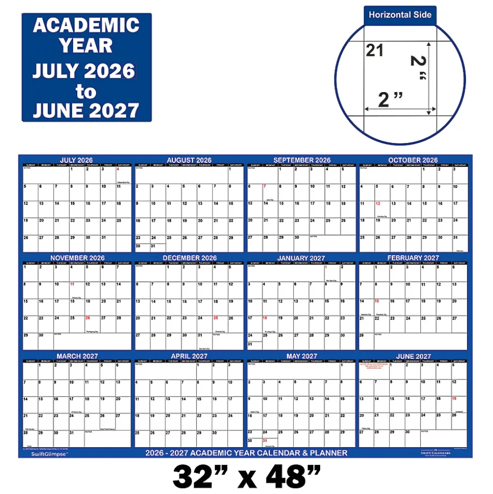 2026-2027 SwiftGlimpse Academic Monthly Wall Calendar, 32” x 48", Navy/White, July To June, Total Qty 1