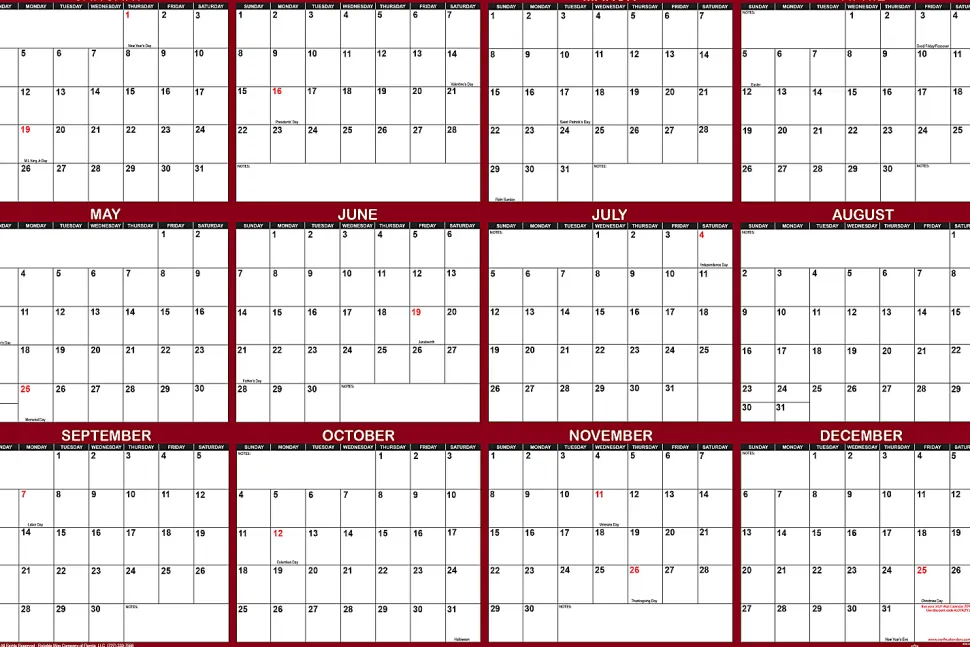 2026 SwiftGlimpse Yearly Erasable Wall Calendar, 36" x 54", White/Maroon, January To December