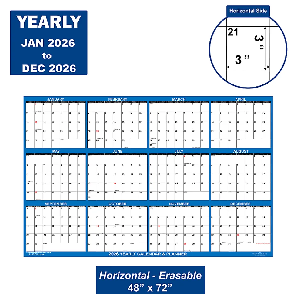 2026 SwiftGlimpse Yearly Erasable Wall Calendar, 48" x 72", White/Navy, January To December