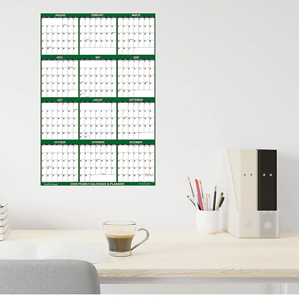2026 SwiftGlimpse Yearly Reversible Erasable Wall Calendar, 32" x 48", White/Green, January To December