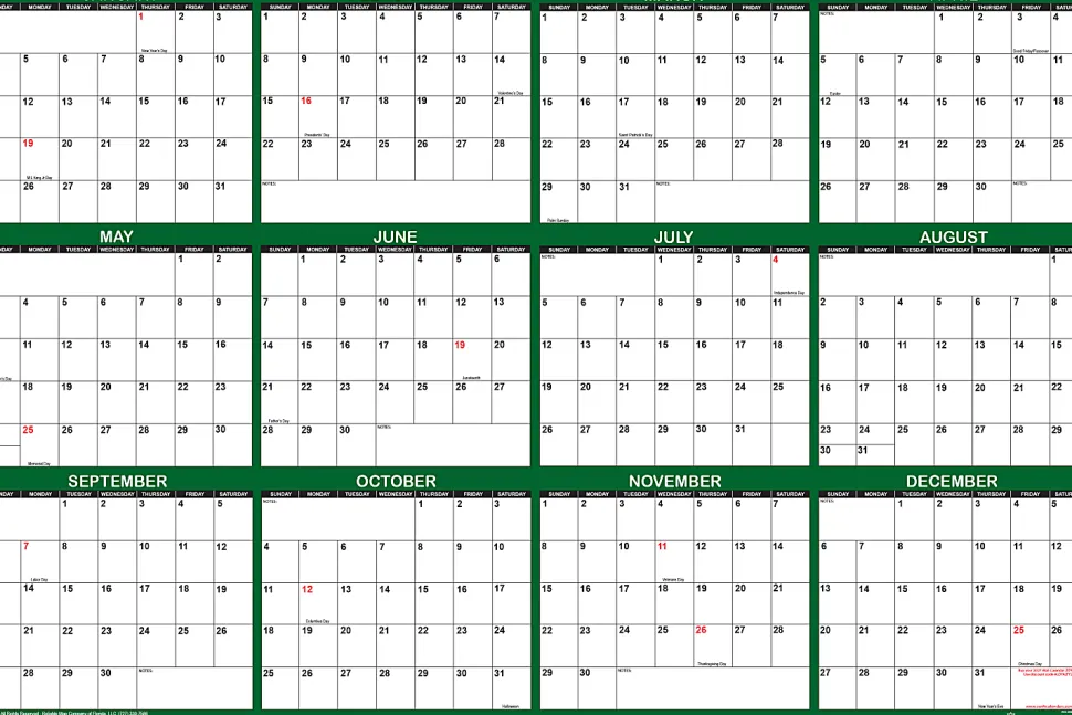 2026 SwiftGlimpse Yearly Reversible Erasable Wall Calendar, 32" x 48", White/Green, January To December