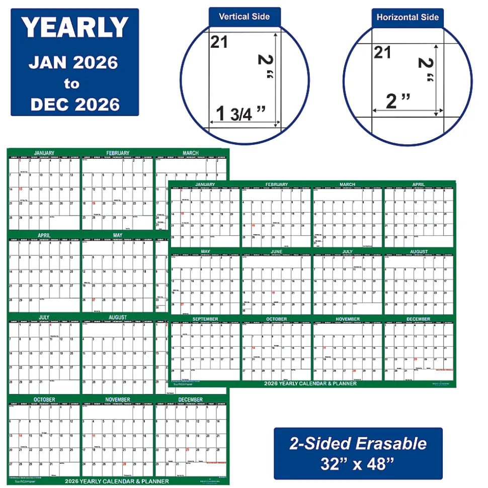2026 SwiftGlimpse Yearly Reversible Erasable Wall Calendar, 32" x 48", White/Green, January To December
