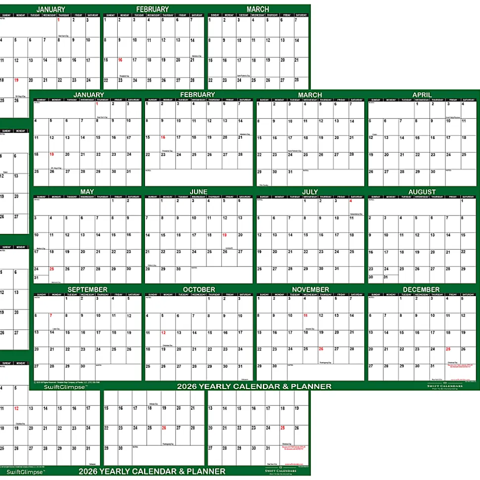 2026 SwiftGlimpse Yearly Reversible Erasable Wall Calendar, 32" x 48", White/Green, January To December