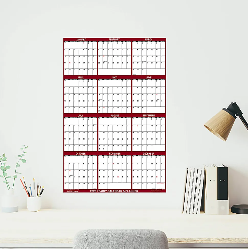 2026 SwiftGlimpse Yearly Reversible Erasable Wall Calendar, 18" x 24", White/Maroon, January To December