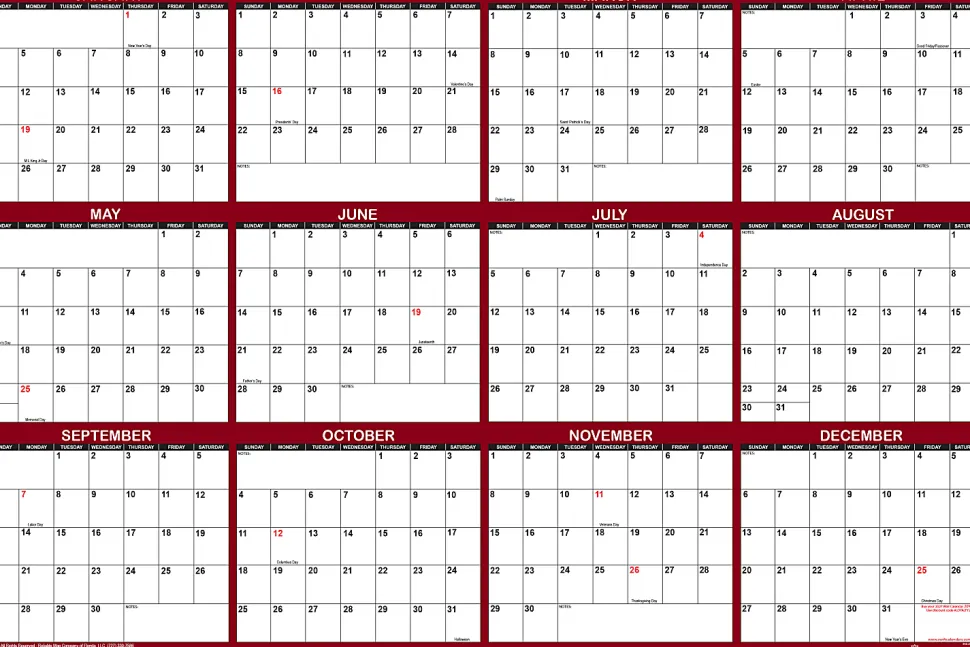 2026 SwiftGlimpse Yearly Reversible Erasable Wall Calendar, 18" x 24", White/Maroon, January To December