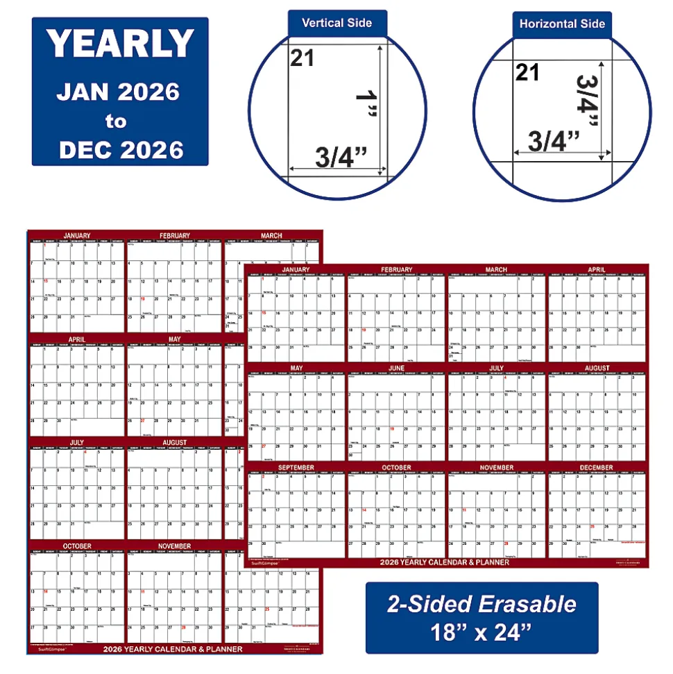 2026 SwiftGlimpse Yearly Reversible Erasable Wall Calendar, 18" x 24", White/Maroon, January To December