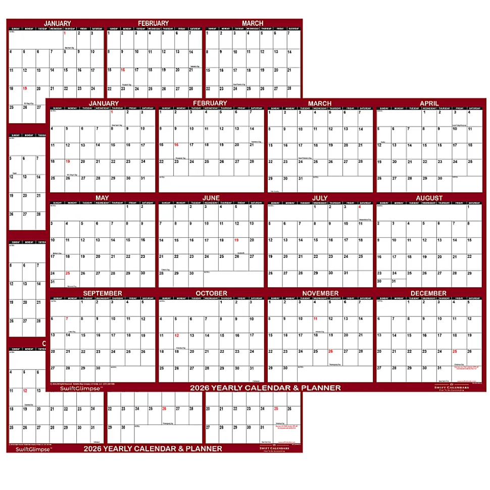 2026 SwiftGlimpse Yearly Reversible Erasable Wall Calendar, 18" x 24", White/Maroon, January To December