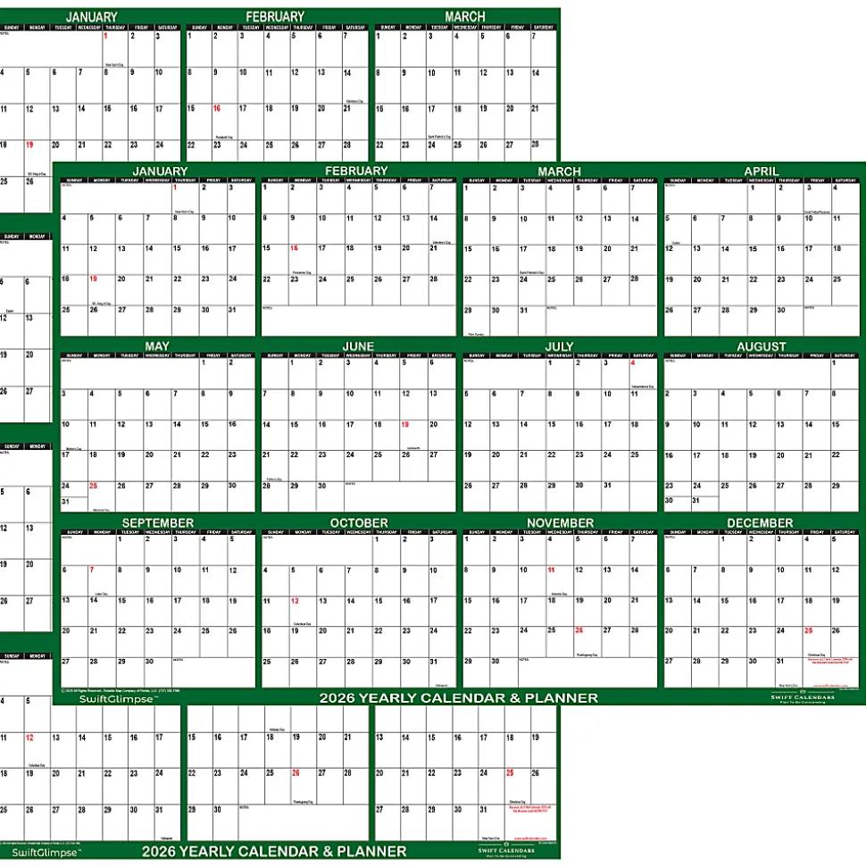 2026 SwiftGlimpse Yearly Reversible Erasable Wall Calendar, 24" x 36", White/Green, January To December