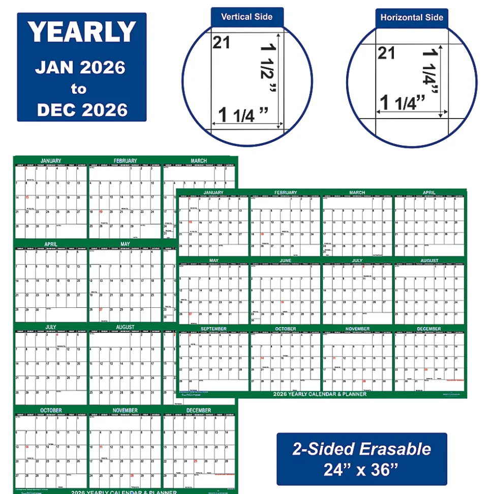 2026 SwiftGlimpse Yearly Reversible Erasable Wall Calendar, 24" x 36", White/Green, January To December