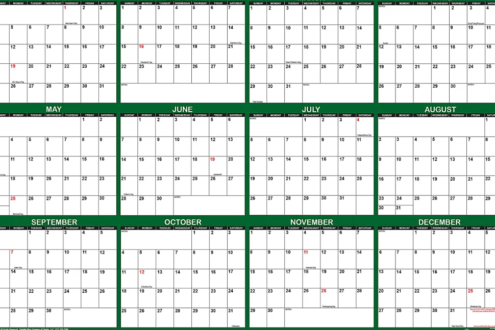 2026 SwiftGlimpse Yearly Reversible Erasable Wall Calendar, 24" x 36", White/Green, January To December