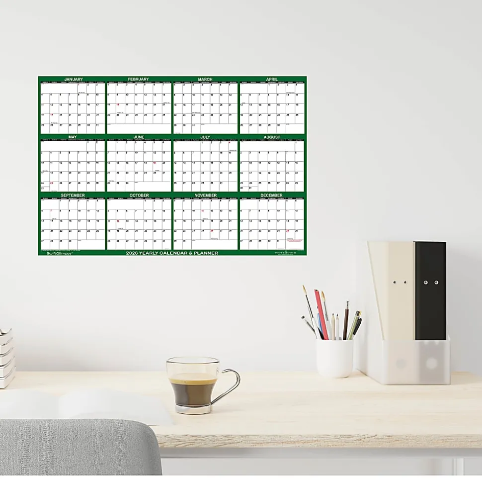 2026 SwiftGlimpse Yearly Reversible Erasable Wall Calendar, 24" x 36", White/Green, January To December