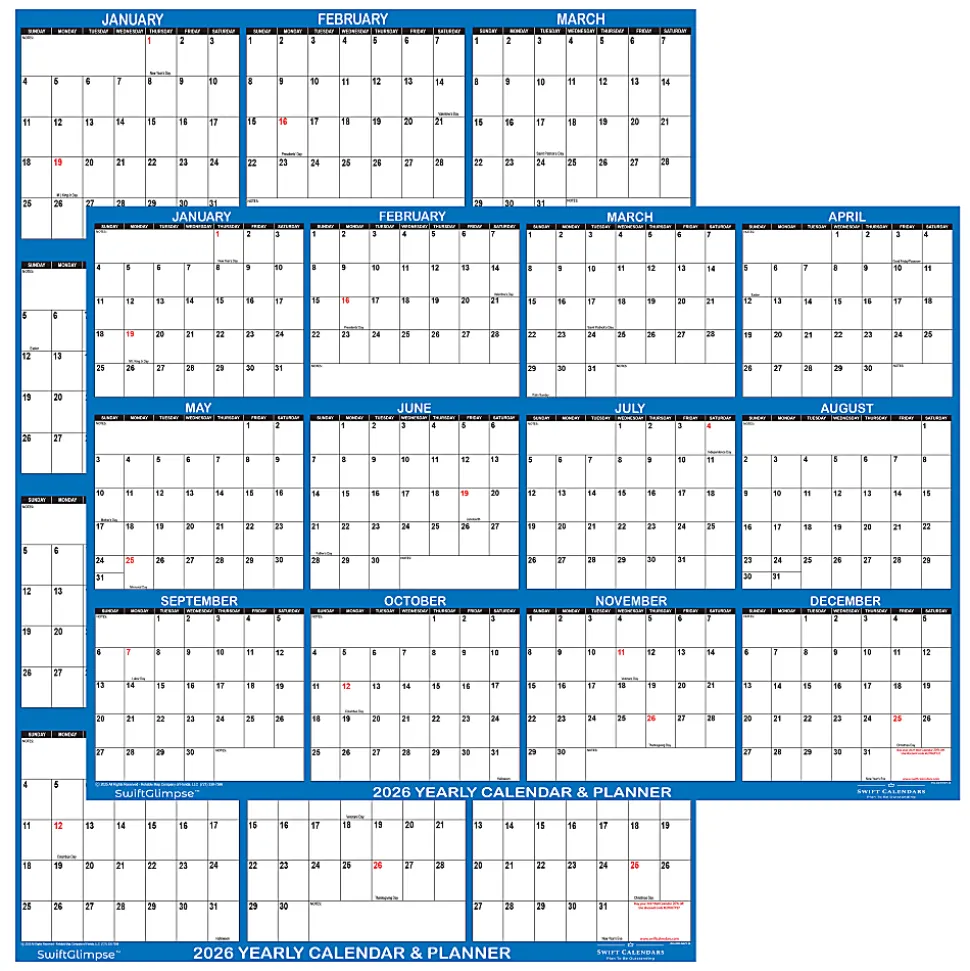 2026 SwiftGlimpse Yearly Reversible Erasable Wall Calendar, 24" x 36", White/Navy, January To December