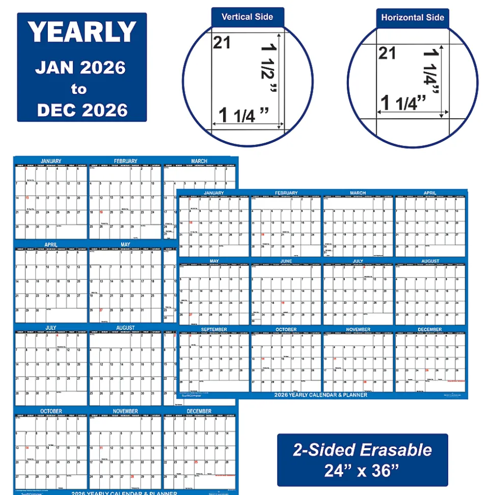 2026 SwiftGlimpse Yearly Reversible Erasable Wall Calendar, 24" x 36", White/Navy, January To December