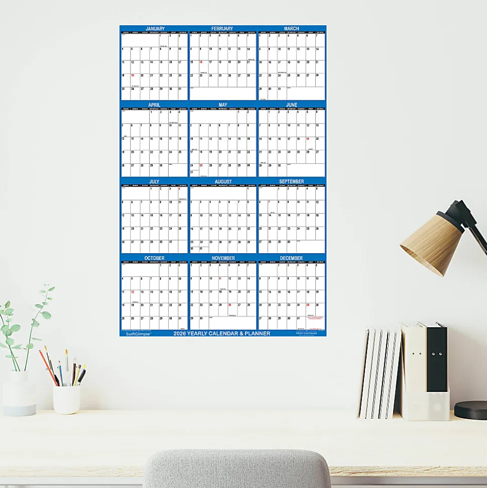 2026 SwiftGlimpse Yearly Reversible Erasable Wall Calendar, 24" x 36", White/Navy, January To December