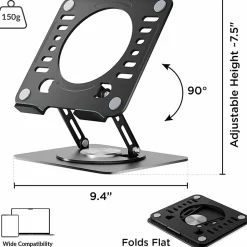 Swivel Laptop Stand - Adjustable 360° Rotating Metal Laptop Riser (Black) - Raise, rotate, and cool your laptop for better posture and productivity.