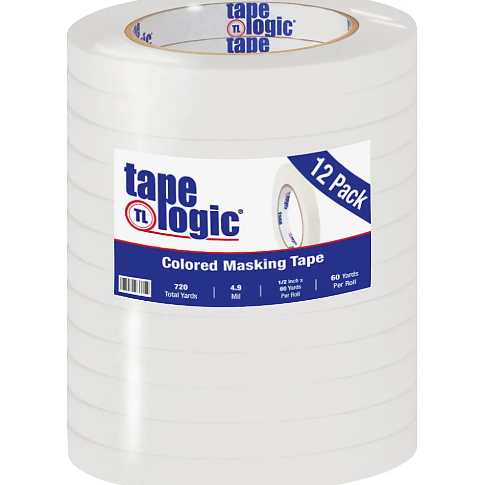 Tape Logic® Color Masking Tape, 3" Core, 0.5" x 180', White, Case Of 12