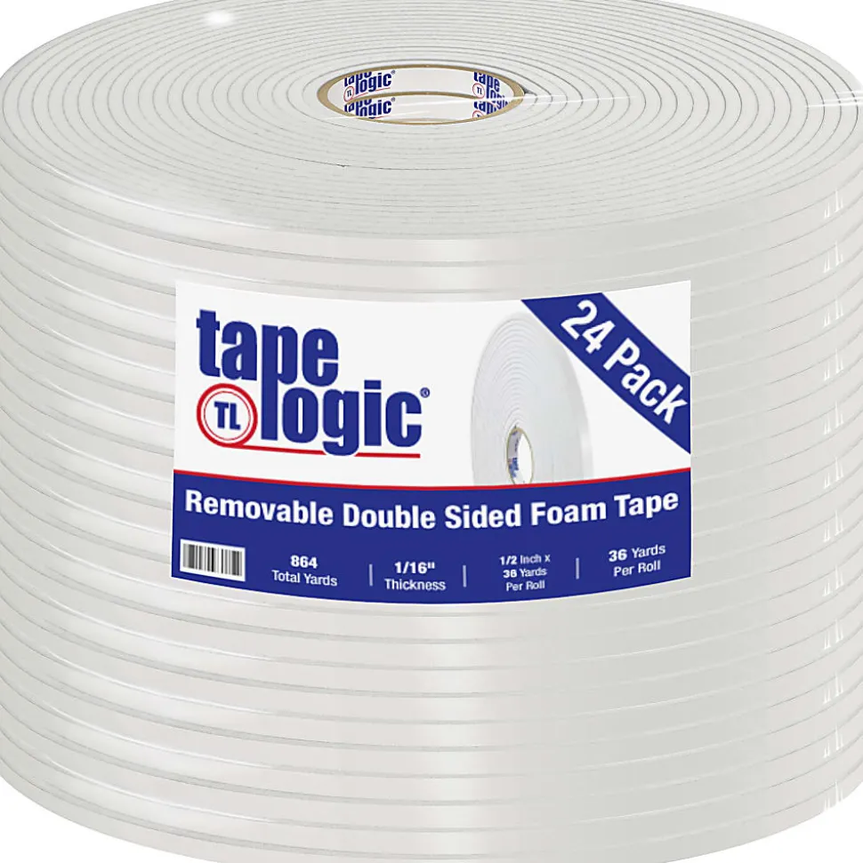 Tape Logic Removable Double-Sided Foam Tape, 1/2" x 36 Yd., White, Case Of 24 Rolls