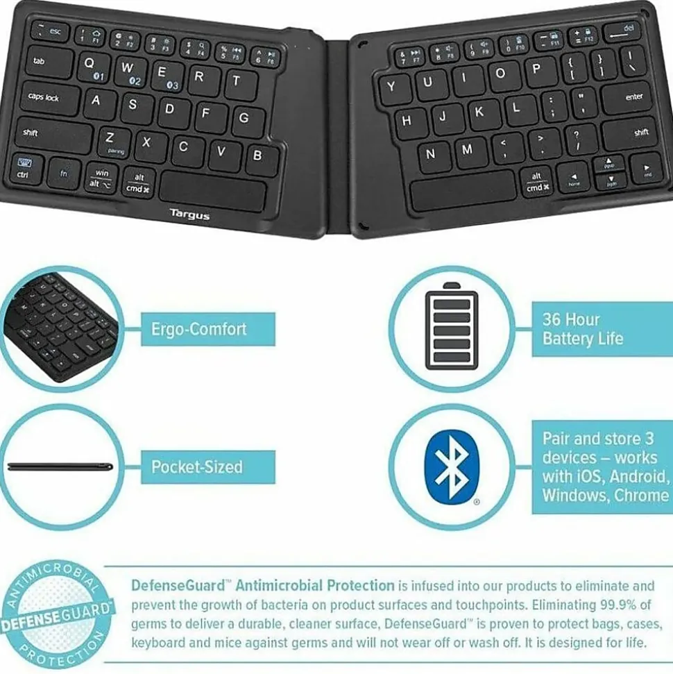 Targus Ergonomic Foldable Bluetooth Antimicrobial Keyboard, Compact Size, Black, AKF003US