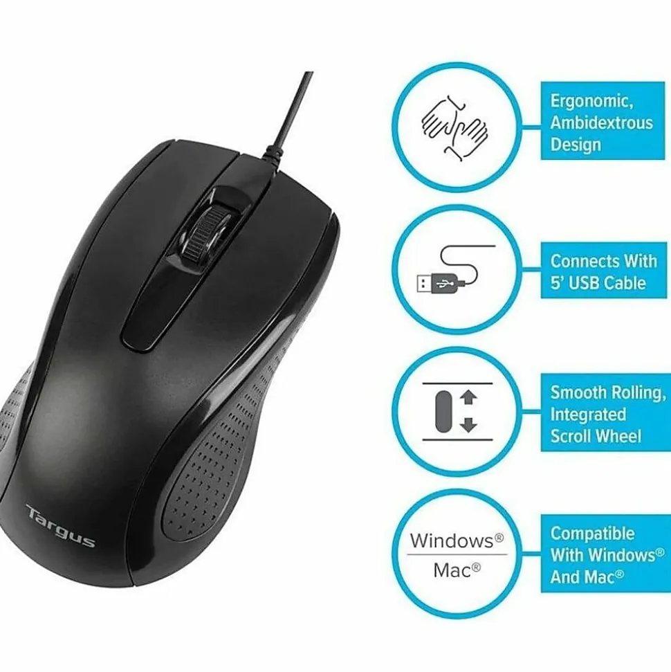 Targus Full-Size Optical Mouse, Matte Black, AMU81USZ