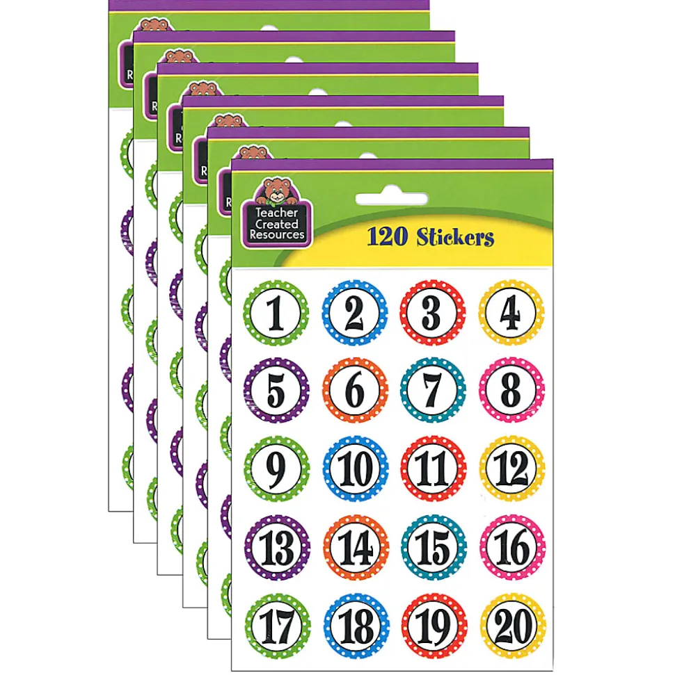 Teacher Created Resources® Stickers, Polka Dots Numbers, 120 Stickers Per Pack, Set Of 6 Packs