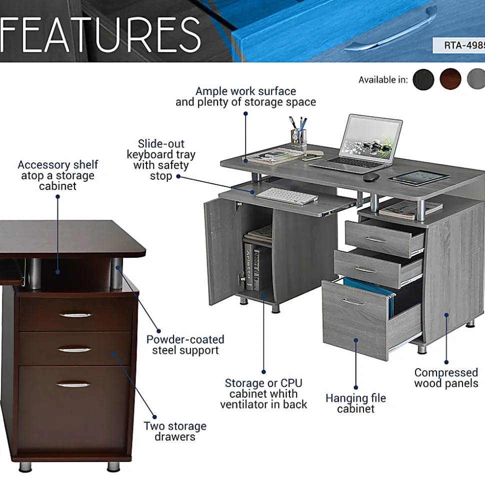 Techni Mobili Complete Workstation 48"W Computer Desk With Storage, Espresso Brown