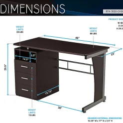 Techni Mobili Computer Desk - Rectangle Top - 3 Drawers - 80 lb Capacity - Computer