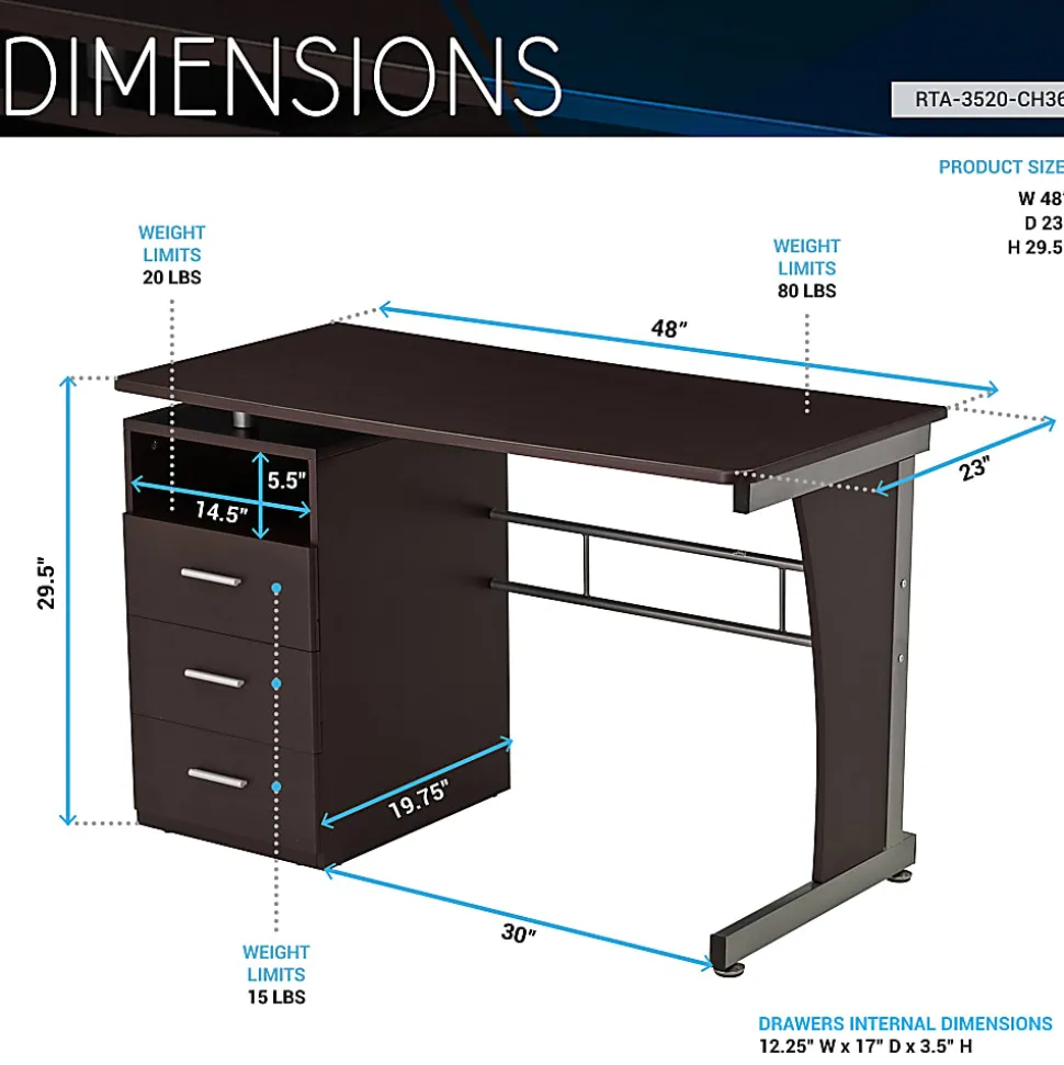 Techni Mobili Computer Desk - Rectangle Top - 3 Drawers - 80 lb Capacity - Computer