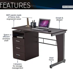 Techni Mobili Computer Desk - Rectangle Top - 3 Drawers - 80 lb Capacity - Computer