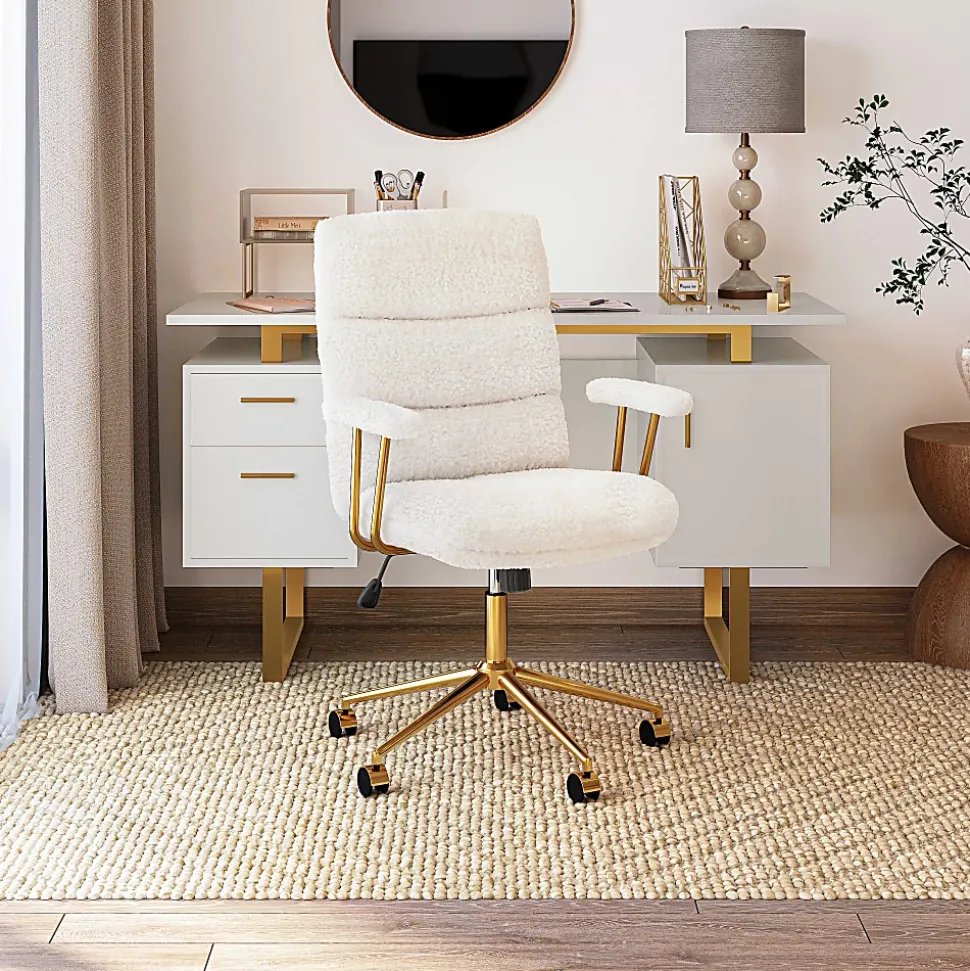 Techni Mobili Elegant Textured Boucle Polyester Mid-Back Executive Office Chair, White/Gold, Total Qty 1