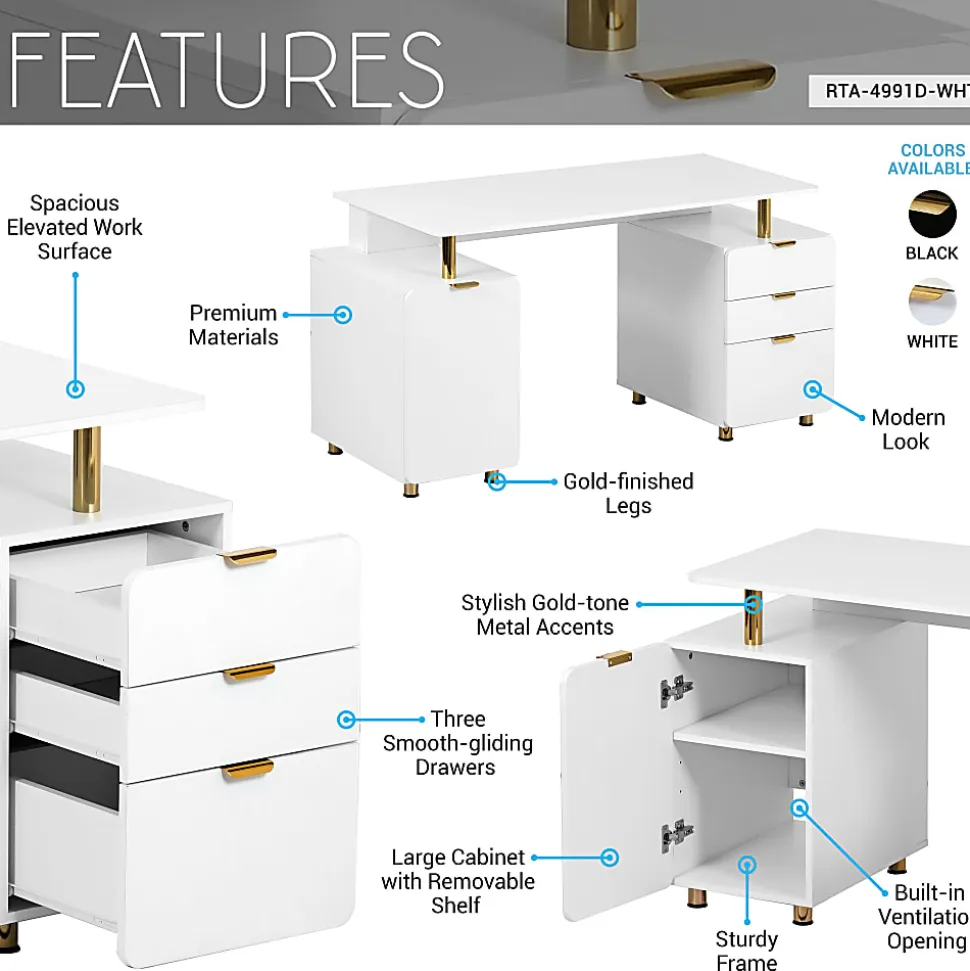 Techni Mobili Elegant 57"W Executive Computer Desk, White/Gold, Total Qty 1