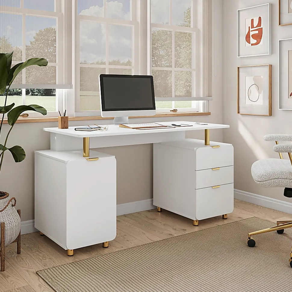 Techni Mobili Elegant 57"W Executive Computer Desk, White/Gold, Total Qty 1