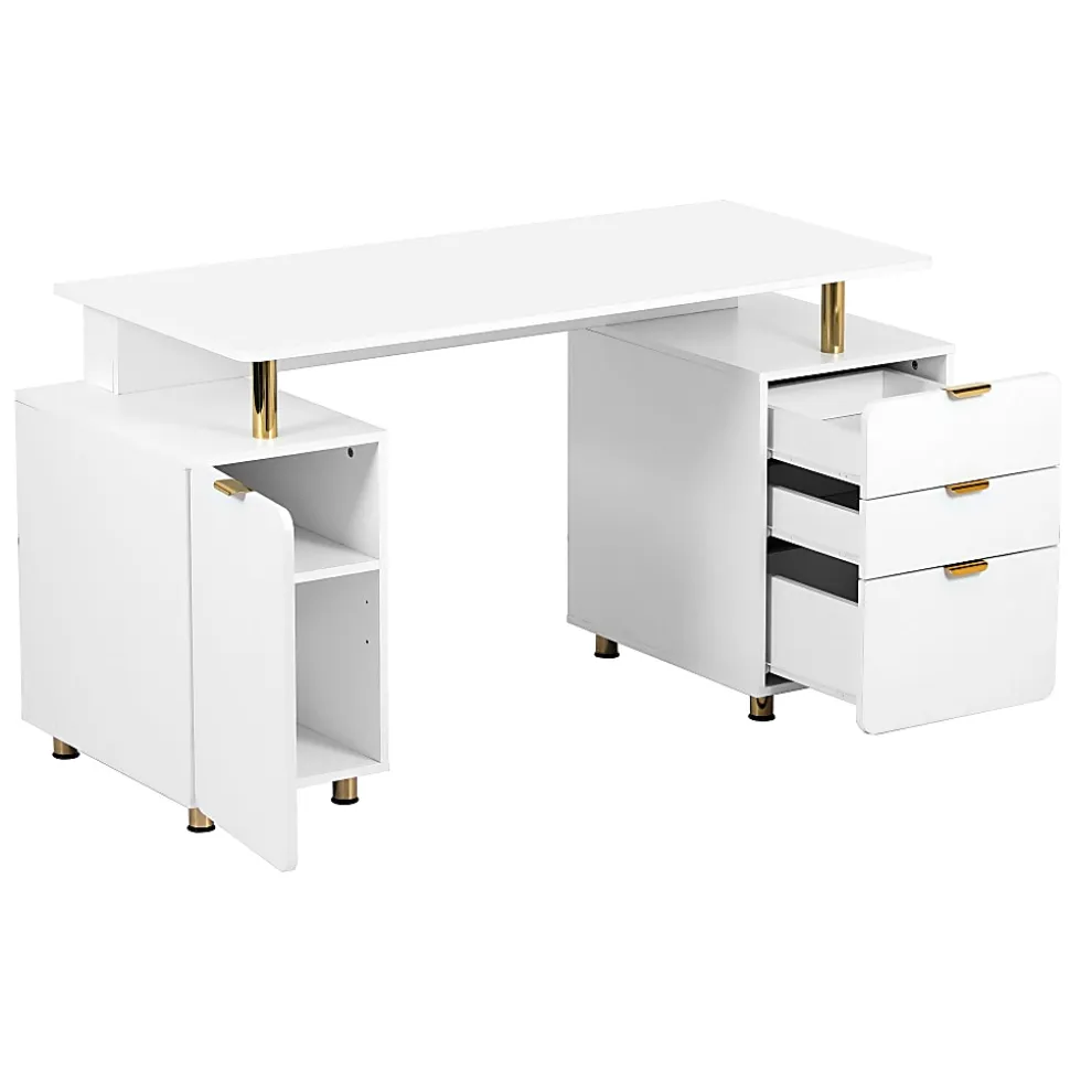 Techni Mobili Elegant 57"W Executive Computer Desk, White/Gold, Total Qty 1