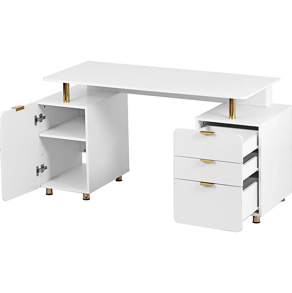 Techni Mobili Elegant 57"W Executive Computer Desk, White/Gold, Total Qty 1
