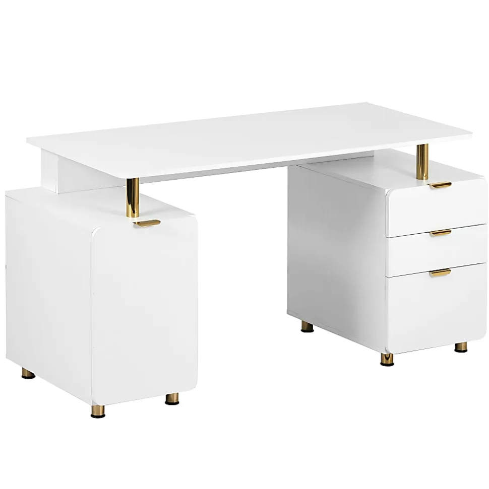 Techni Mobili Elegant 57"W Executive Computer Desk, White/Gold, Total Qty 1