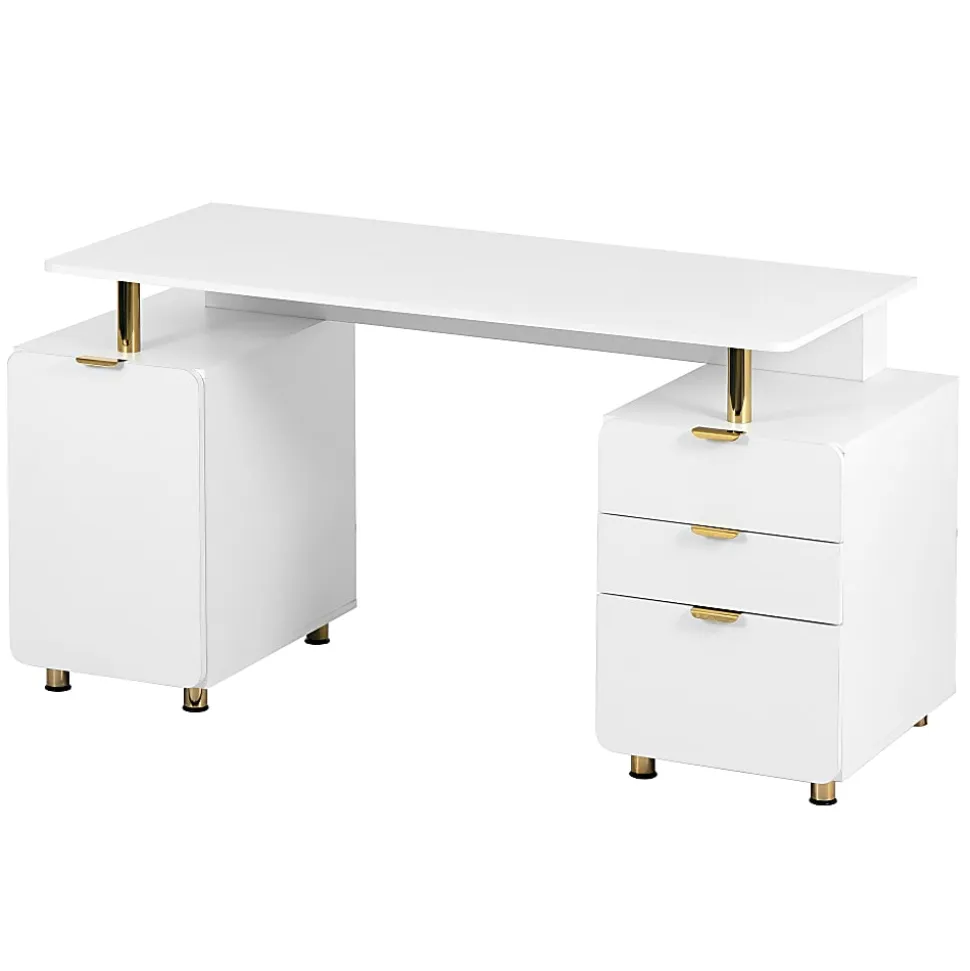 Techni Mobili Elegant 57"W Executive Computer Desk, White/Gold, Total Qty 1