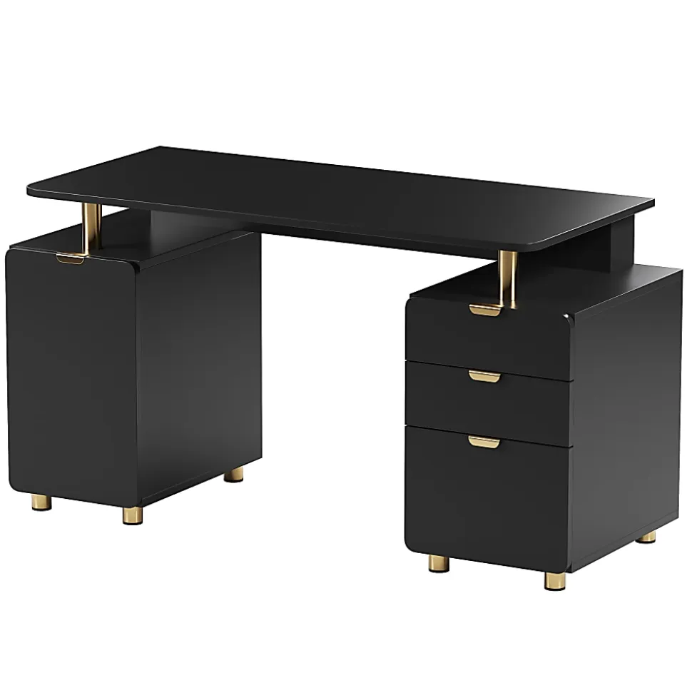 Techni Mobili Elegant 57"W Executive Computer Desk, Black/Gold, Total Qty 1