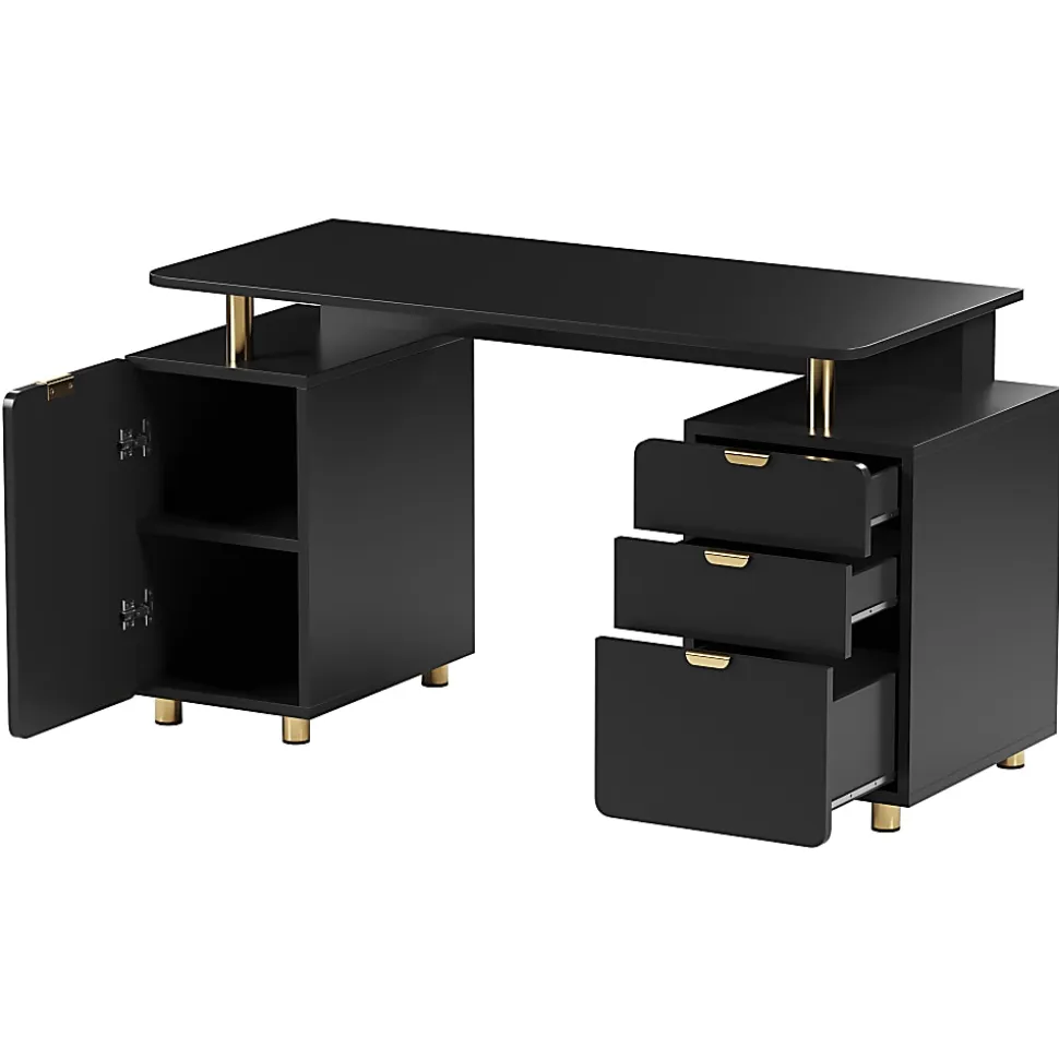 Techni Mobili Elegant 57"W Executive Computer Desk, Black/Gold, Total Qty 1