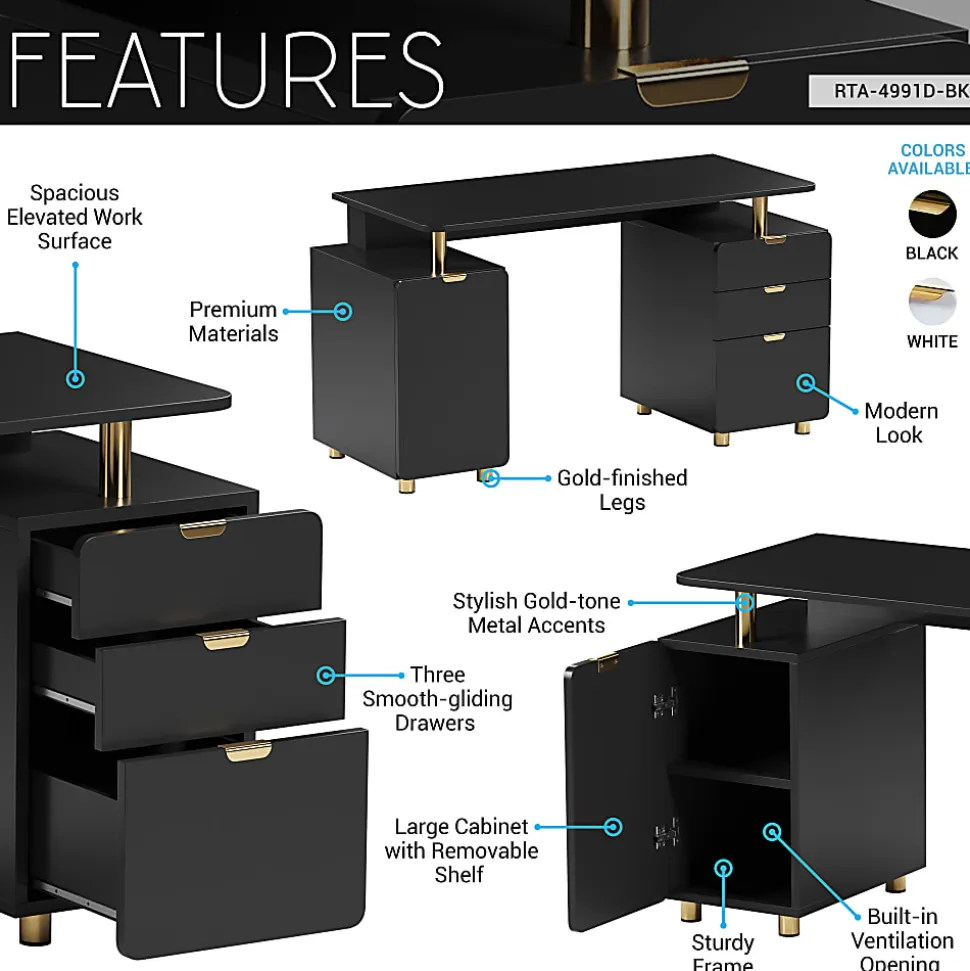 Techni Mobili Elegant 57"W Executive Computer Desk, Black/Gold, Total Qty 1