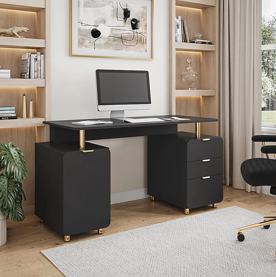 Techni Mobili Elegant 57"W Executive Computer Desk, Black/Gold, Total Qty 1