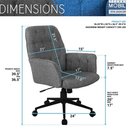 Techni Mobili Ergonomic Fabric Mid-Back Task Chair, Gray