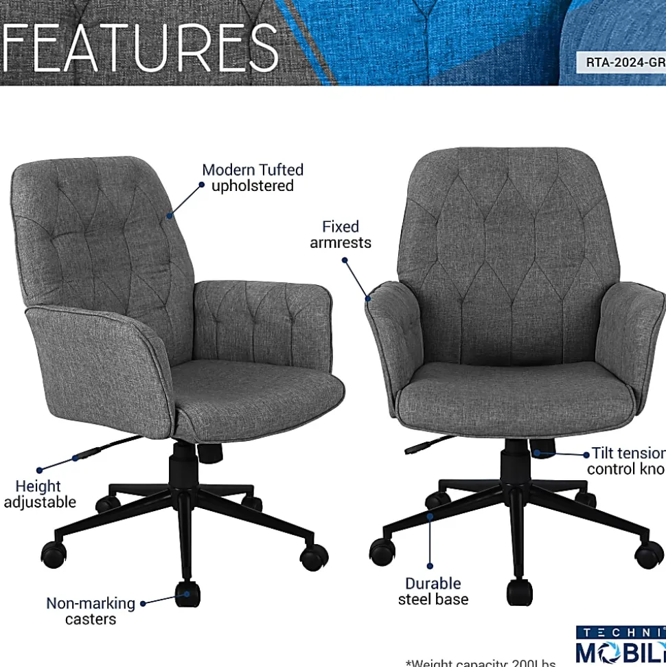 Techni Mobili Ergonomic Fabric Mid-Back Task Chair, Gray
