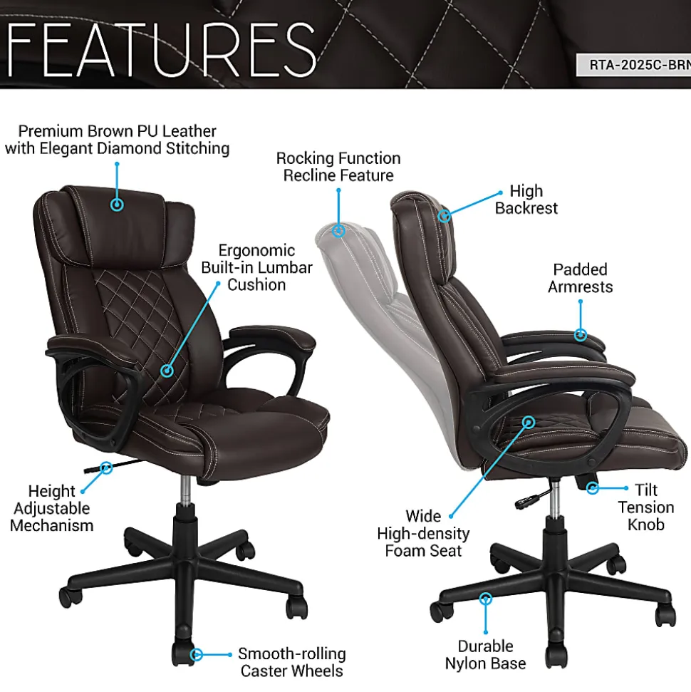Techni Mobili Ergonomic Faux Leather High-Back Executive Office Chair, Brown, Total Qty 1