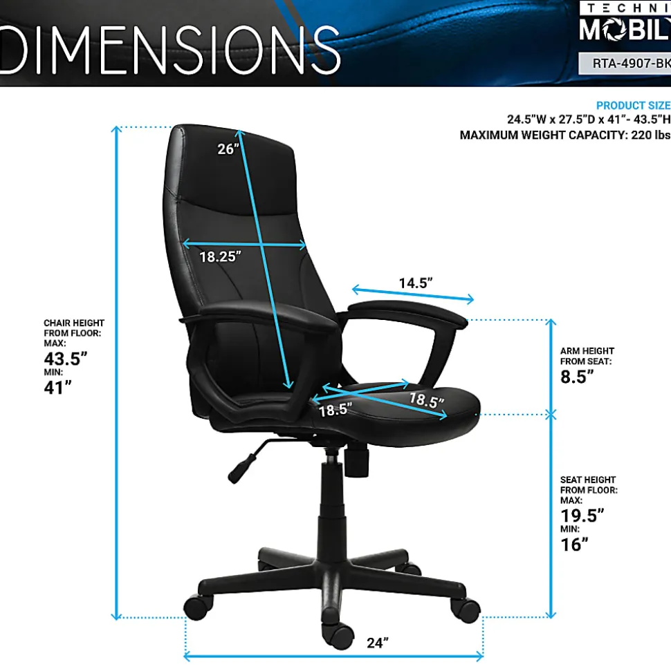 Techni Mobili Ergonomic Faux Leather Mid-Back Executive Office Chair, Black, Total Qty 1