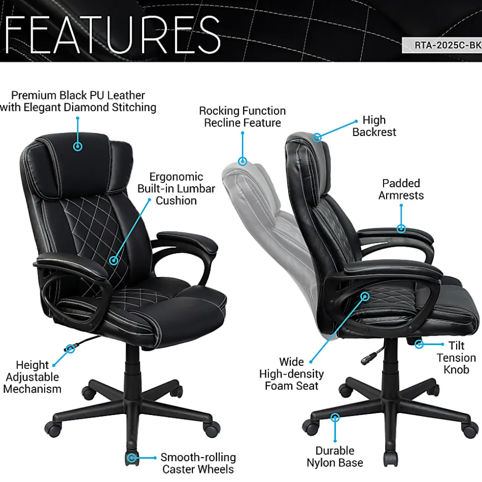 Techni Mobili Ergonomic Faux Leather High-Back Executive Office Chair, Black, Total Qty 1, RTA2025CBK