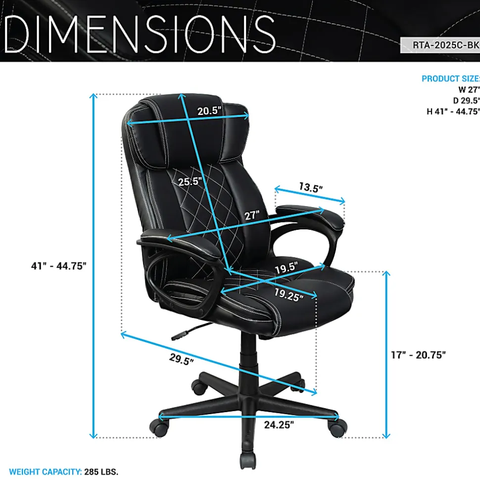 Techni Mobili Ergonomic Faux Leather High-Back Executive Office Chair, Black, Total Qty 1, RTA2025CBK