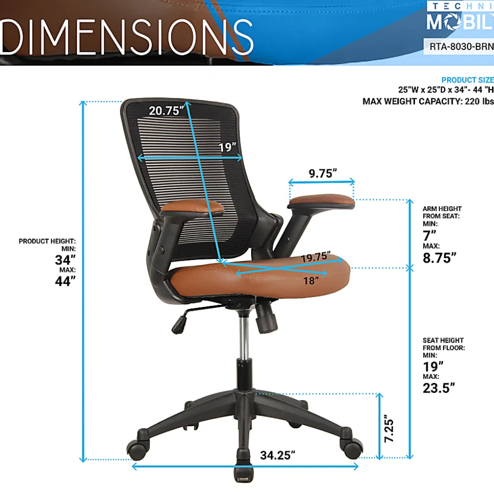 Techni Mobili Ergonomic Mesh Mid-Back Task Chair, Brown